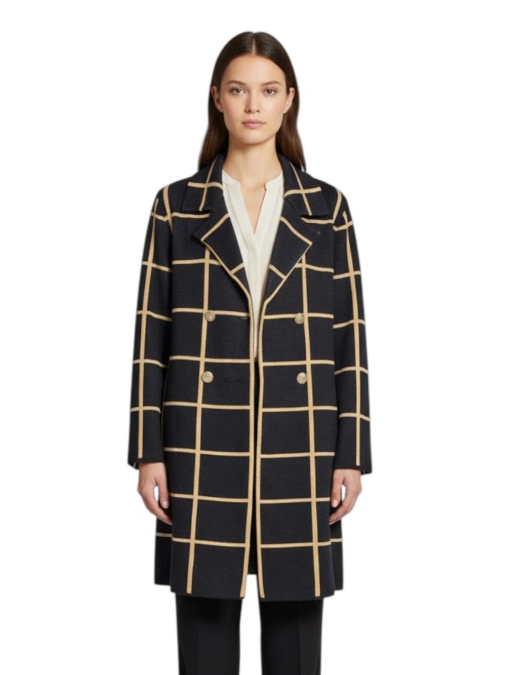 Anne Klein Black and Tan Windowpane Sweater Cardigan Size L